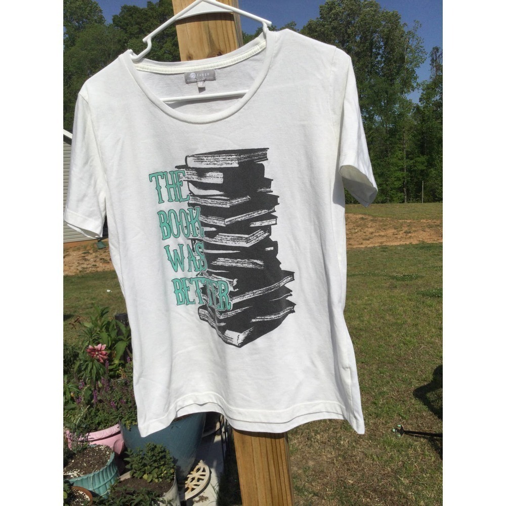 Fuego The Book Was Better medium graphic t-shirt tee m white shirt library
